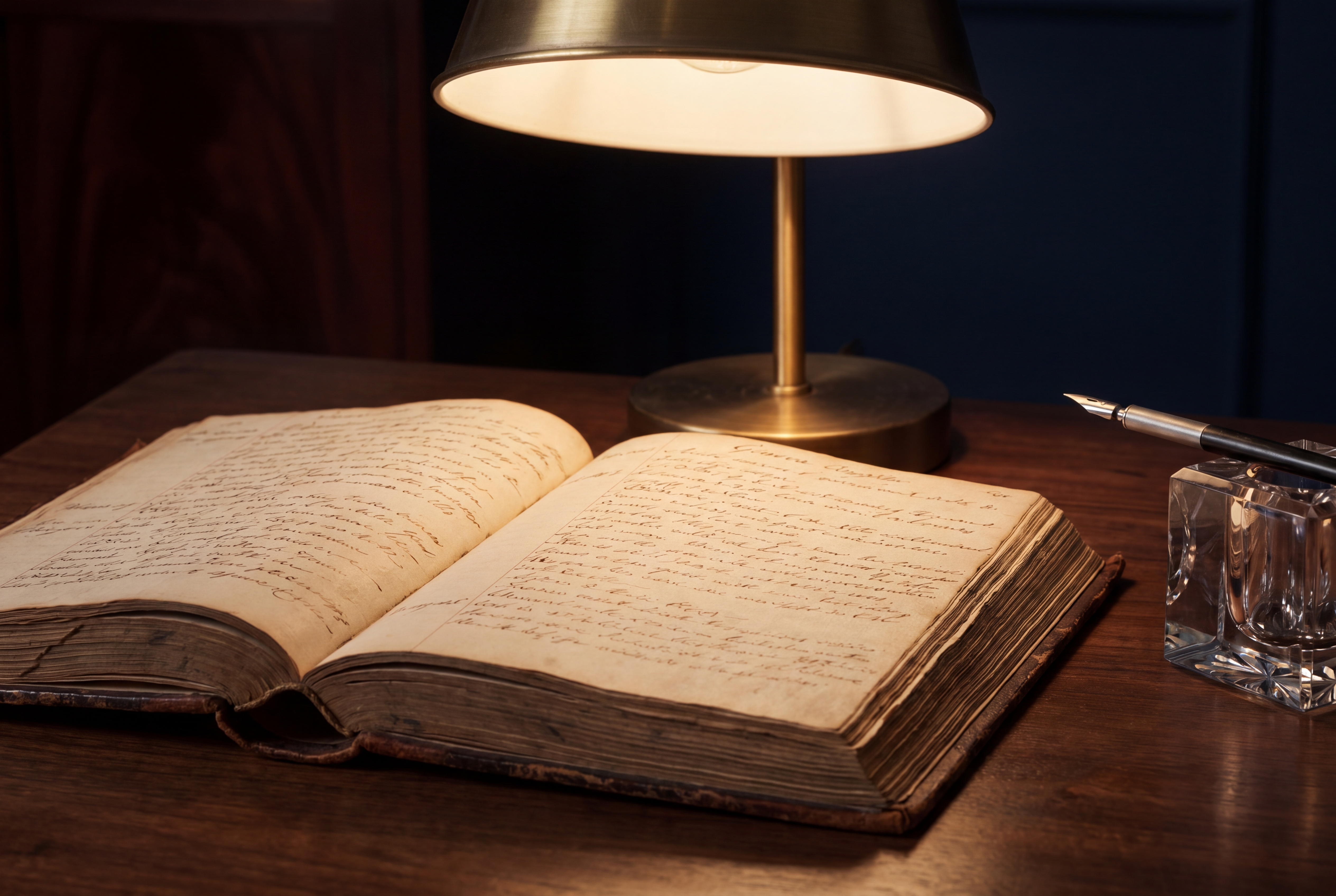A leather-bound provenance register, lit from a single tall window.
