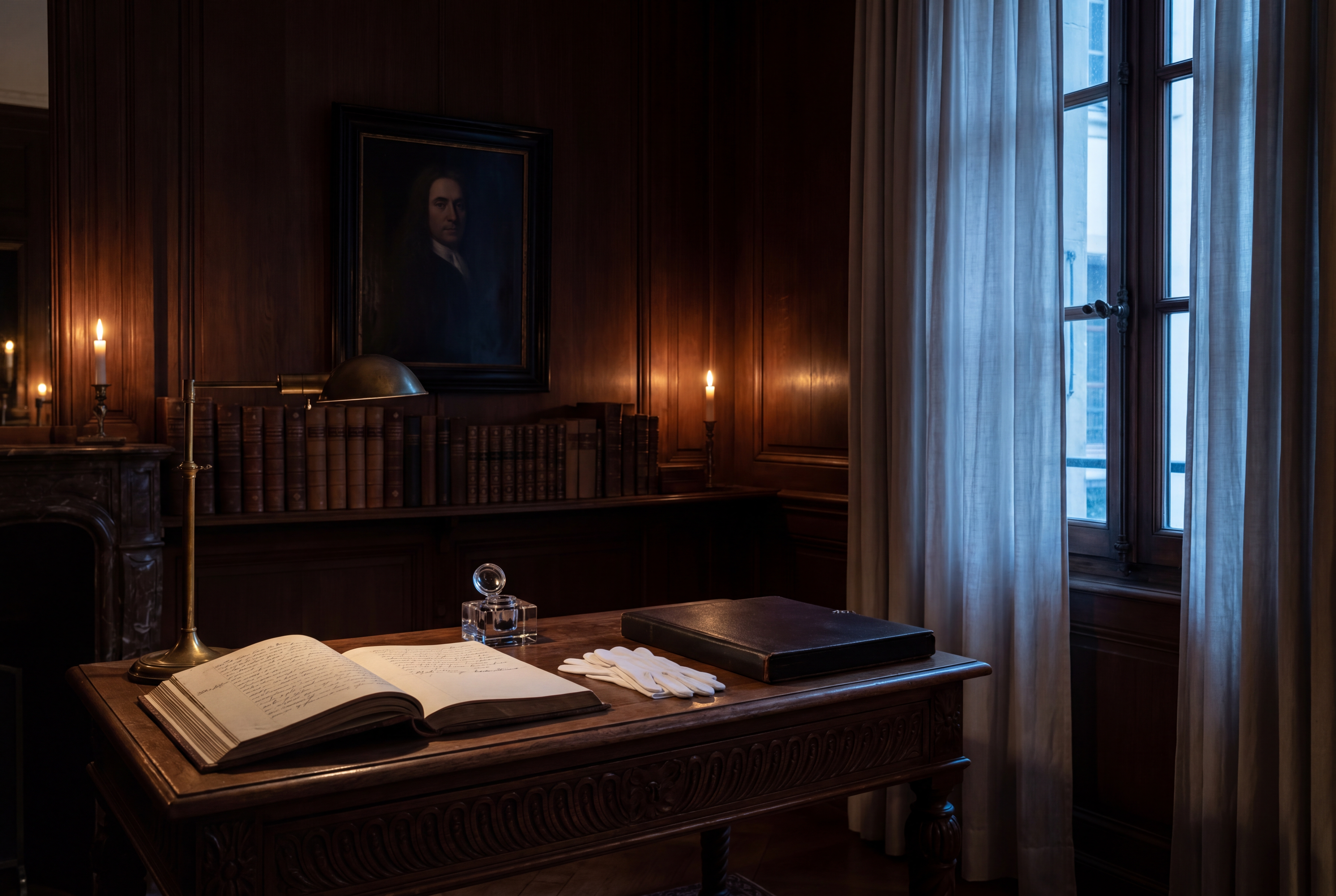 A Geneva private salon at dusk — walnut desk, open register, closed presentation case.