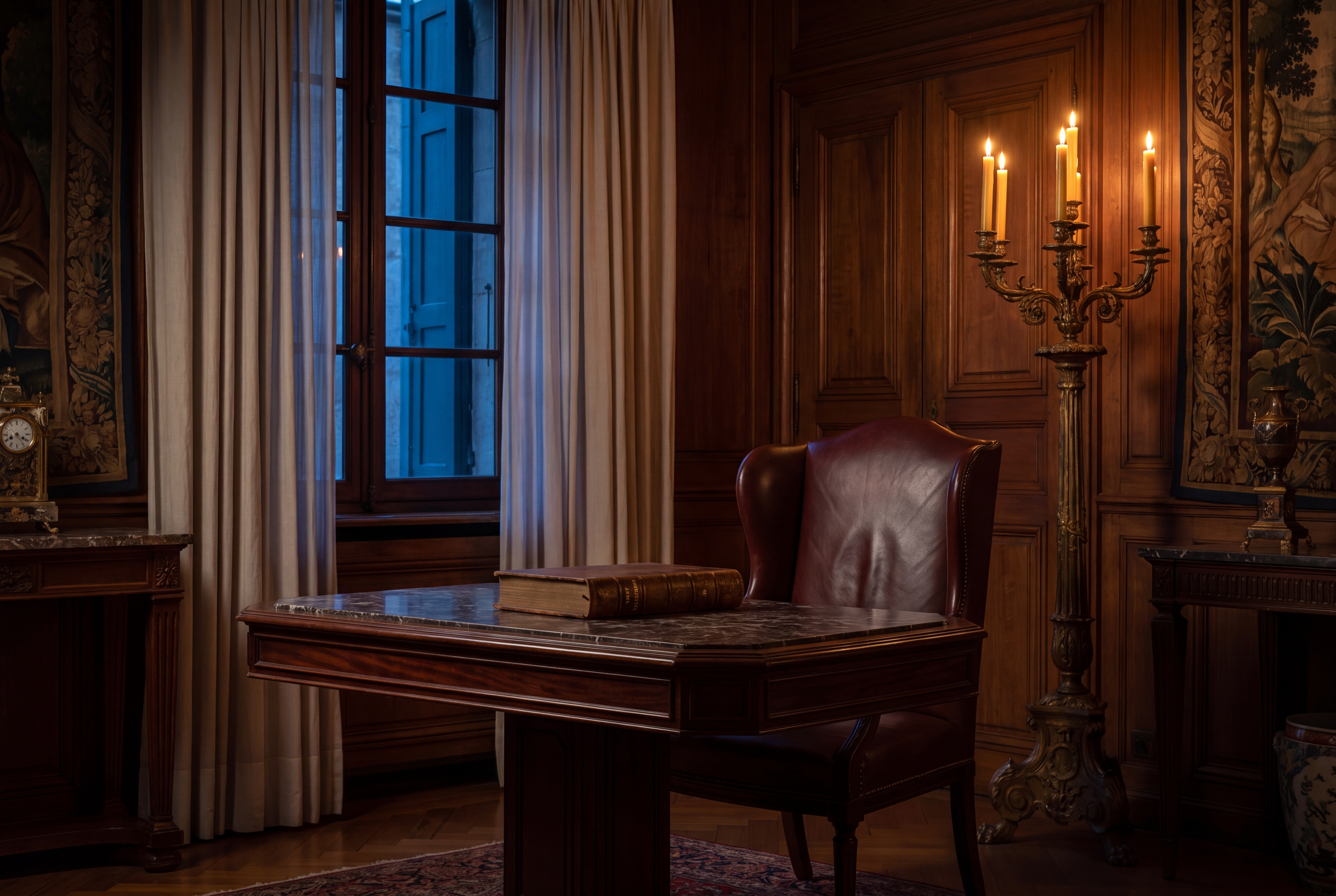 A walnut writing desk, an open register in iron-gall ink, a closed presentation case.